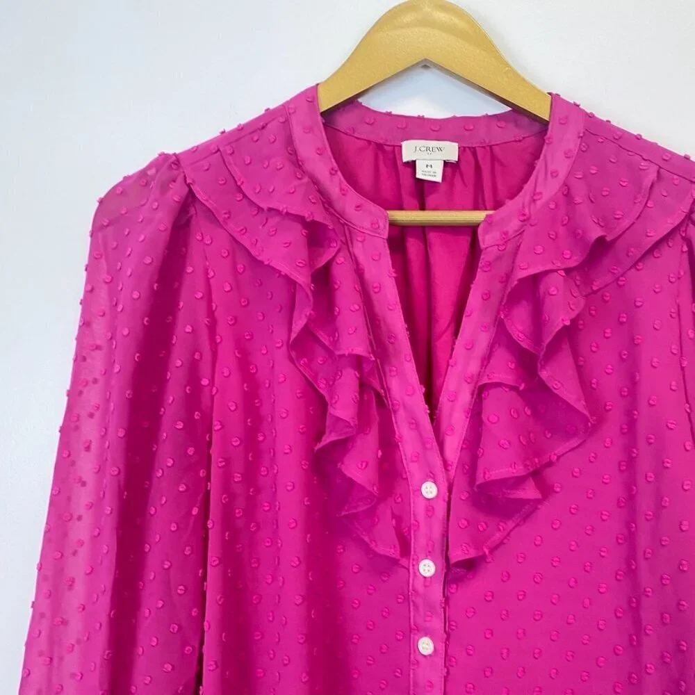 J. Crew Pink Textured Chiffon Ruffle Button Up Blouse